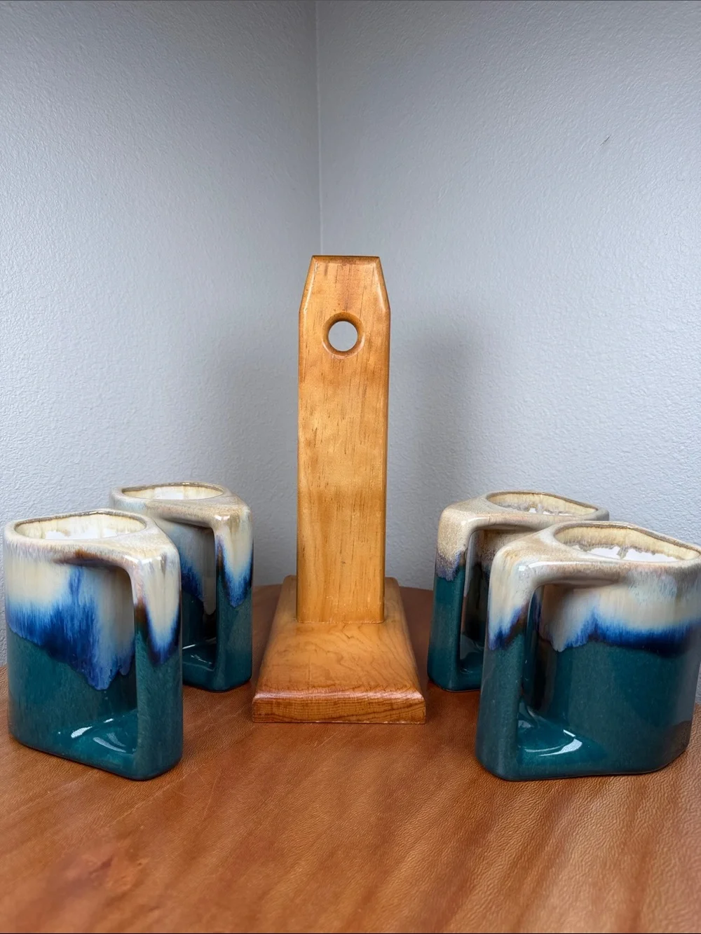 Vtg Padilla Blue Drip Glaze Stacking Signed 4 Coffee Mugs & Wood Stand Mexican